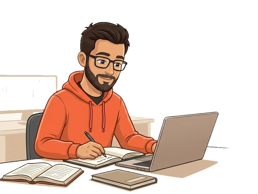 Ilustrație: tipul de la SiteFain scrie un articol la birou