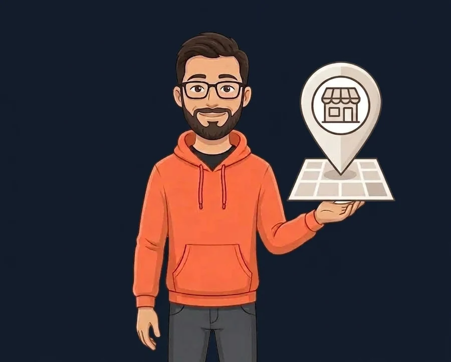 Ilustrație: tipul de la SiteFain ține în palmă o hartă cu un magazin pe ea